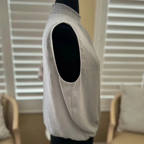 Express | Light Gray Sheer Smocked Neck Open Back Sleeveless Blouse - Size M - Picture 2 of 4